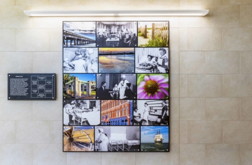 The full 'Patient Care' photo collage panel and description plaque assembly in the Clinical Services Wing of UTMB.